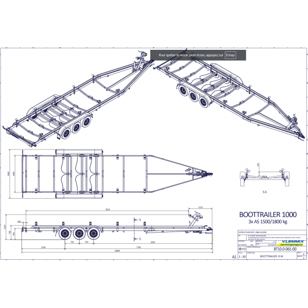 10m-2m55- 3X1350 kg - 3500 kg - VLEMMIX - Remorque Porte-Bateau