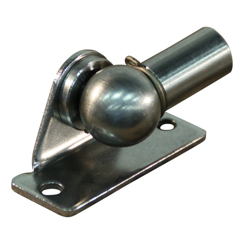Support laterale avec boule, panne de balle et clip  de retenue BB20/K08+PX18 zingué fixation de coin, 2 trous Ø4,3mm at 19mm, hauteur 10mm, bille 8mm, chapeau PX18 (M3,5), monté