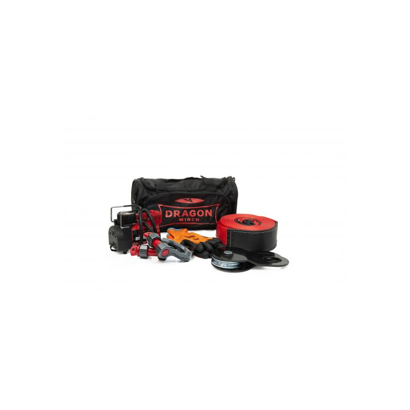 Kit d'accessoires tout-terrain comprenant : un petit compresseur, une sangle d'arbre de 9 m, 2 manilles 6 tonnes (7/8"), une poulie de mouflage 8 tonnes et une paire de gants