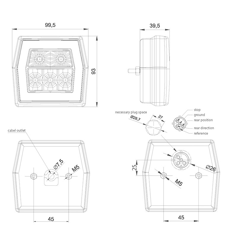 feu arrière LED câble universel 12/24V Lavaflow (photo)