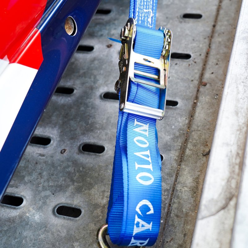 sangle d'arrimage pour transporteur de voiture avec boucle pour jante alu. bleu/orange 50mm x 2000mm polyester