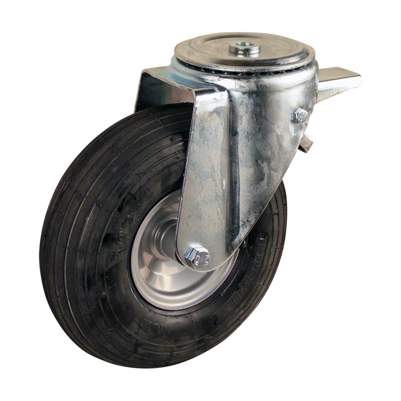 roulette pivotante avec frein 3.00-4 2.10x4 ET0 NL69mm métal V-5501 gris 91 montage de la plaque roulement à rouleaux
