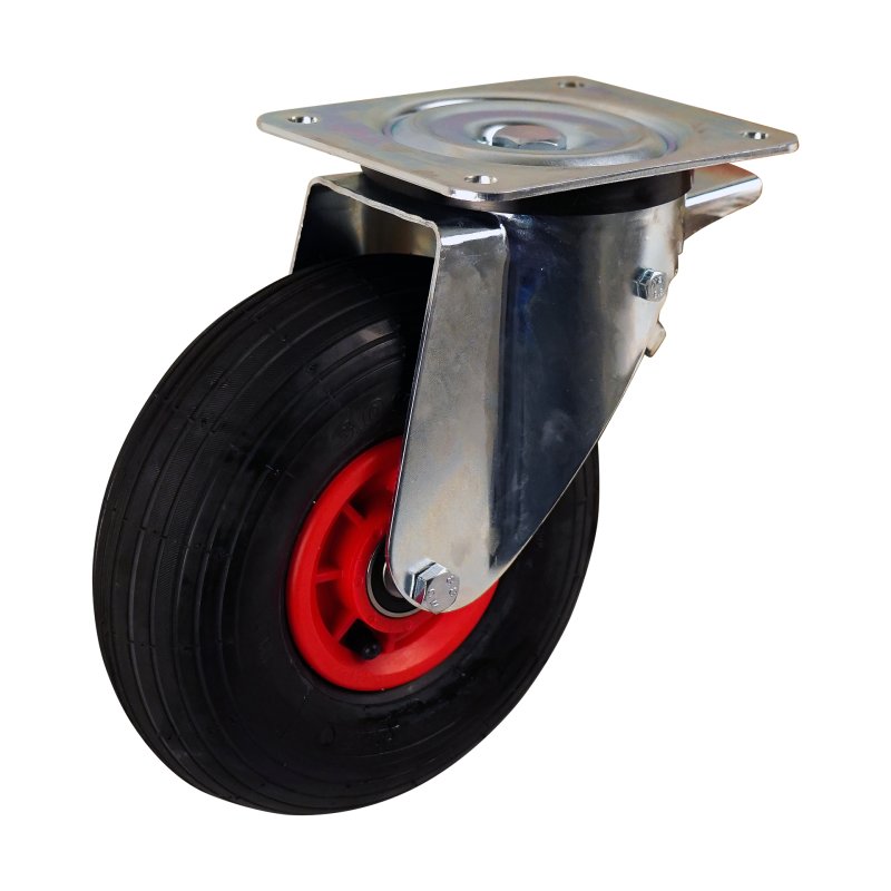 roulette pivotante avec frein 3.00-4 2.10x4 ET0 NL75mm plastique V-5501 Rouge 91 montage de la plaque roulement à rouleaux