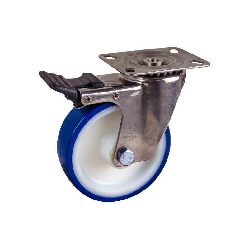 roulette pivotante avec frein 125mm série 27 ᠆ 29 montage de la plaque roulement à aiguilles éxécution inox