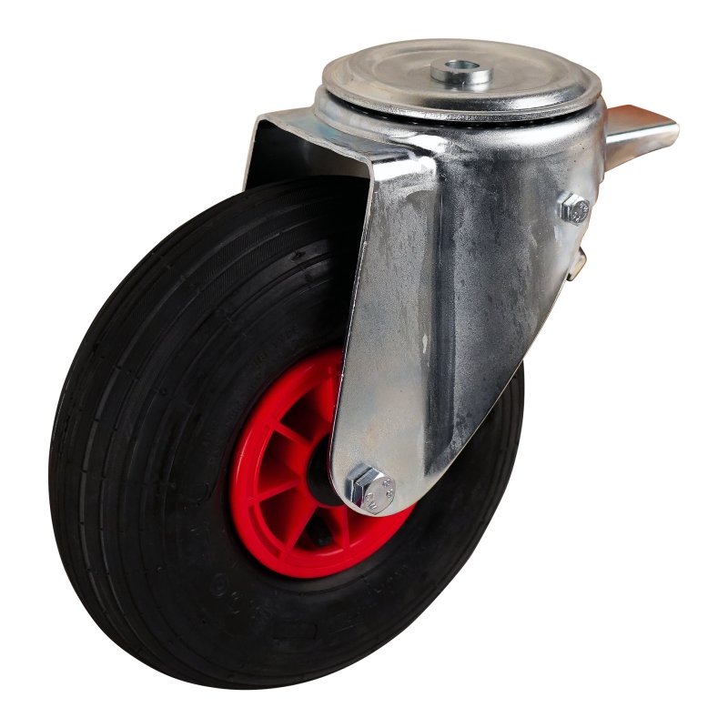 roulette pivotante avec frein 3.00-4 2.10x4 ET0 roulement à rouleaux Ø20 NL75mm plastique V-5501 Rouge 91 montage de la plaque r