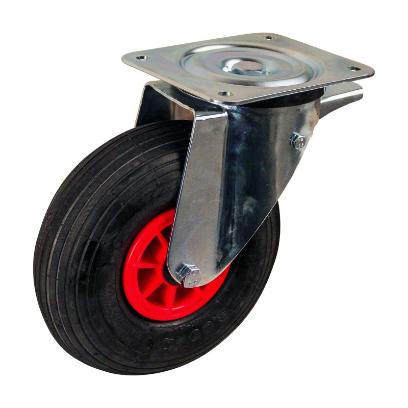 roulette pivotante avec frein 3.00-4 2.10x4 ET0 roulement à rouleaux Ø20 NL75mm plastique V-5501 Rouge 91 montage de la plaque r