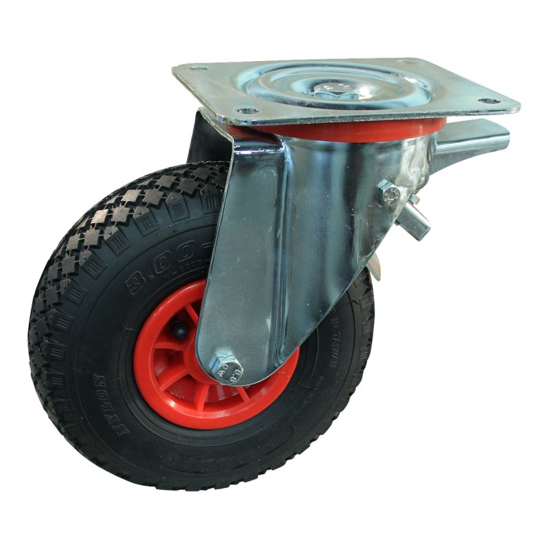 roulette pivotante avec frein 3.00-4 2.10x4 ET0 roulement à rouleaux Ø20 NL75mm plastique V-6605 Rouge 91 montage de la plaque r