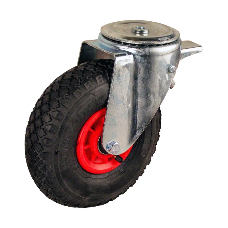 roulette pivotante avec frein 3.00-4 2.10x4 ET0 NL75mm plastique V-6605 Rouge 91 montage de la plaque roulement à rouleaux