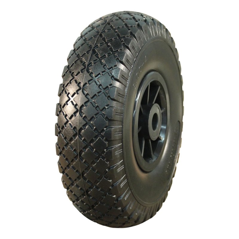 pneu en PU + roue + roulement à rouleaux Ø20 NL75mm plastique noir 3.00x4 bloc 2.10X4