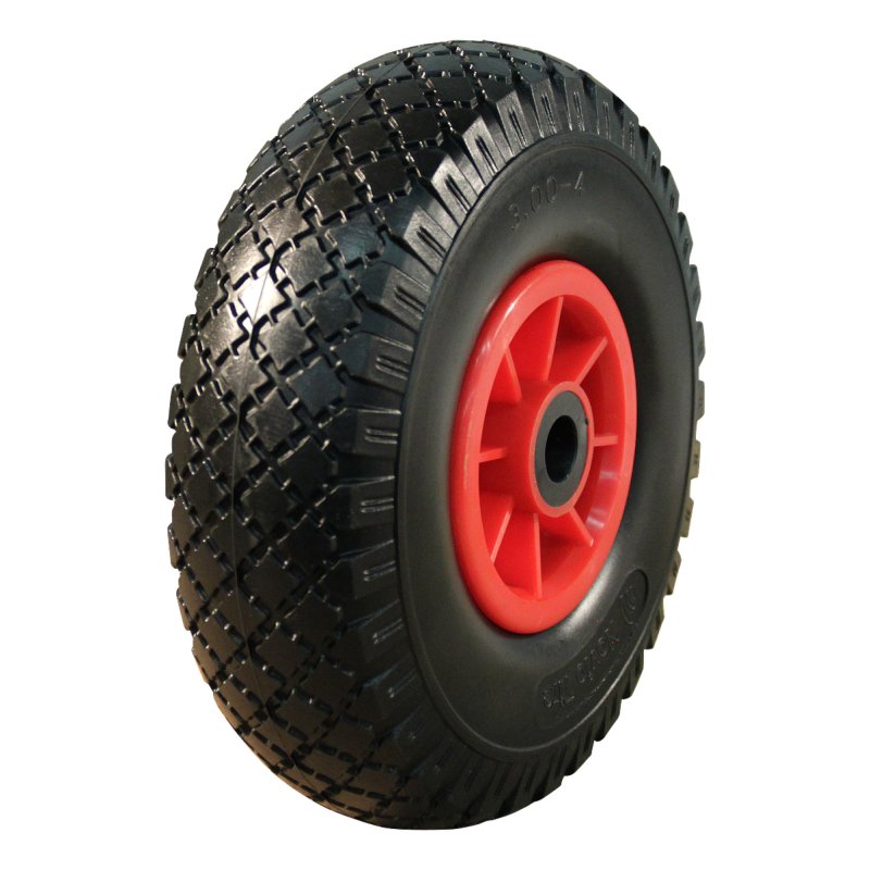 pneu en PU + roue + roulement à rouleaux Ø20 NL75mm plastique Rouge 3.00x4 bloc 2.10X4