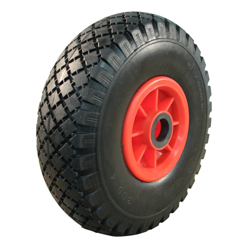 pneu en PU + roue + roulement à rouleaux Ø25 NL75mm plastique Rouge 3.00x4 bloc 2.10X4