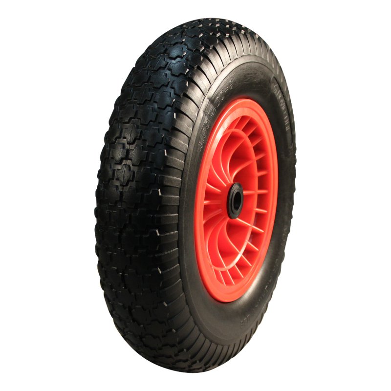 pneu en PU + roue + palier lisse Ø20 NL75mm plastique Rouge 4.00x8 bloc 2.50Ax8