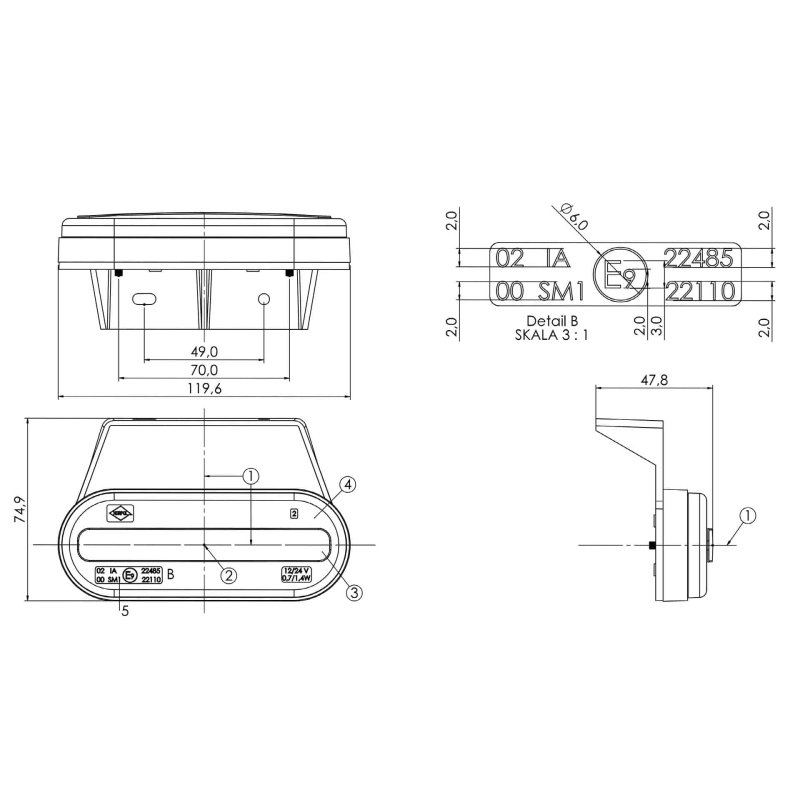 barre de position LED blanc avec support | 12-24V | 50cm. de cable