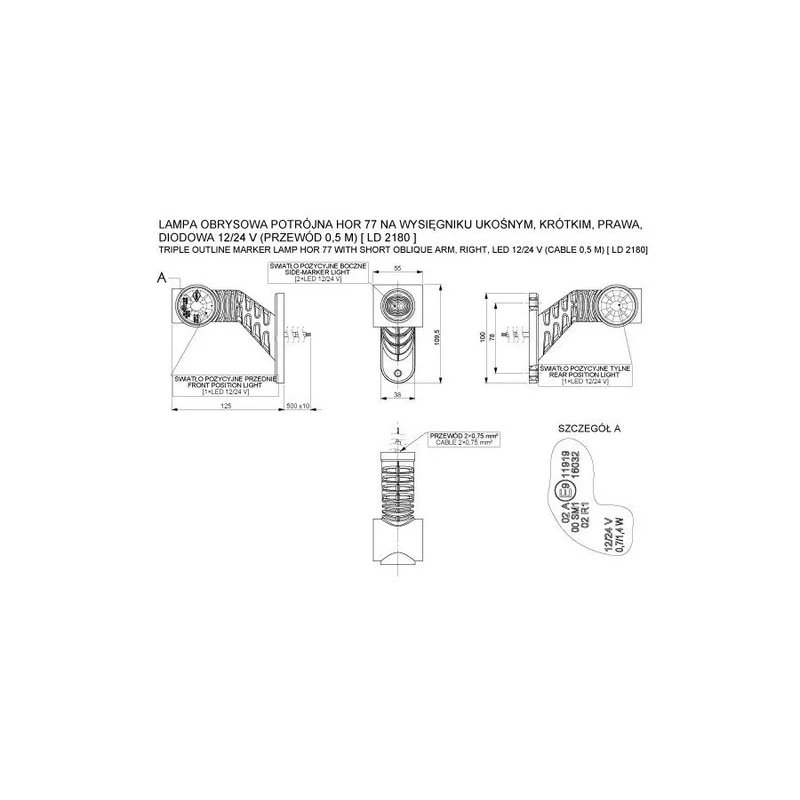 droite | feu de gabarit LED | rouge-blanc-ambré | 12-24V | 50cm. cable