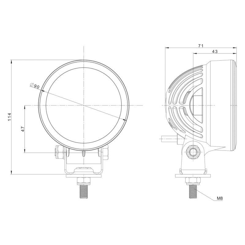 barre de travail LED rond 2500lm, 22W, 12-24V, connecteur intégré DT
