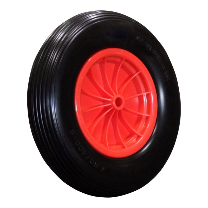 pneu en PU + roue + palier lisse Ø20 NL75mm plastique Rouge 4.00x8 ligne 2.50Ax8