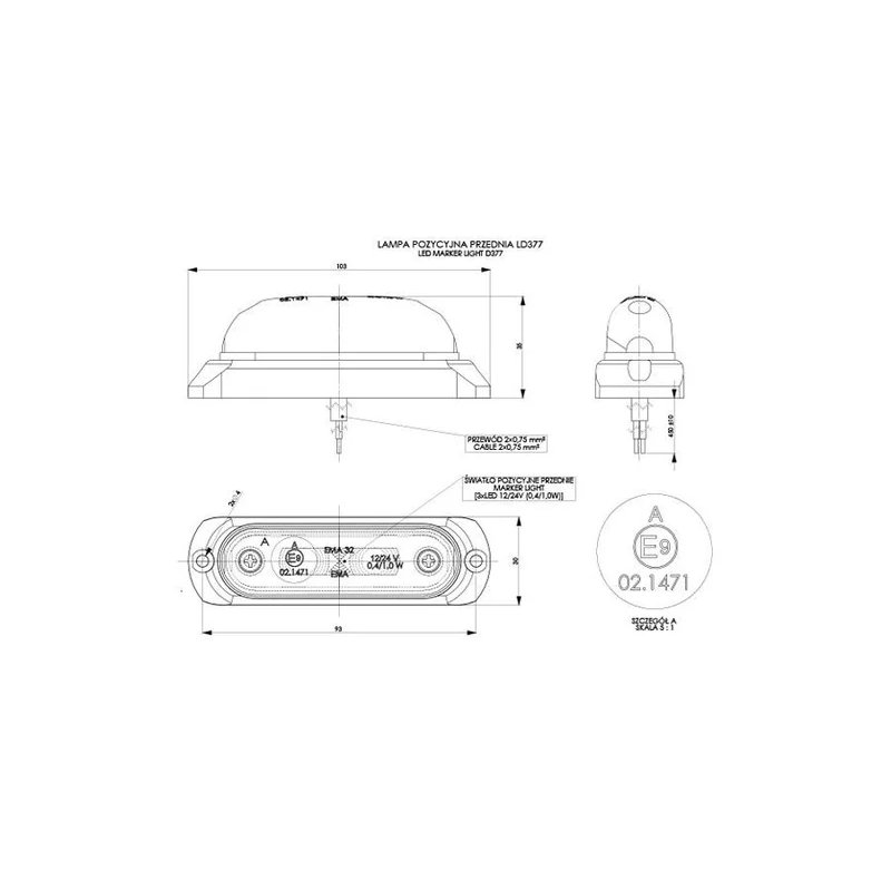 barre de position LED blanc avec support | 12-24V | 50cm. de cable