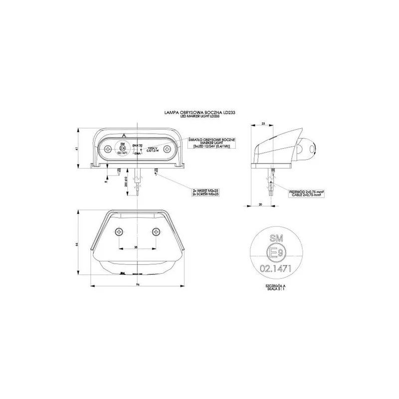 Feu de position LED orange avec support | 24V | 50cm cable