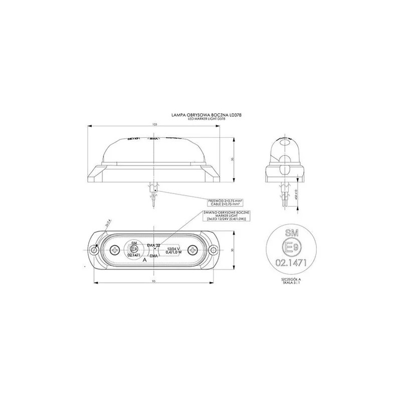 Feu de position LED orange avec support | 24V | 50cm cable