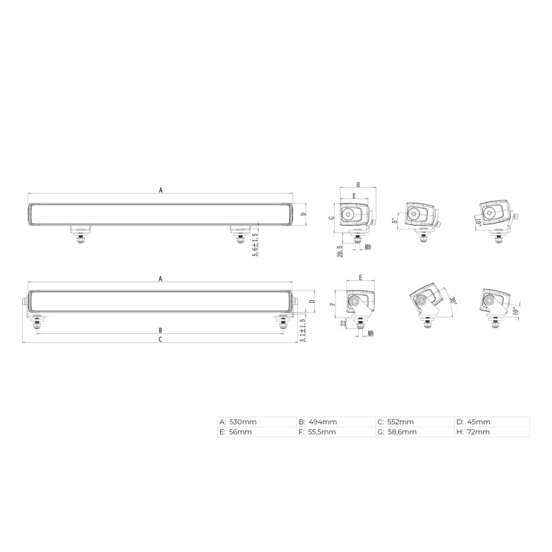 LED lightbar Stratos 530mm | incl. R65 flitser | wit-amber DRL