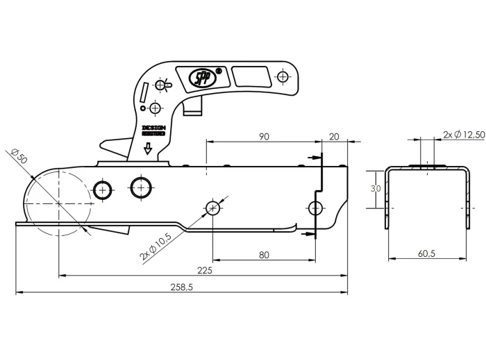 Tête d'attelage non freinée pour timon 60 mm charge 750 kg